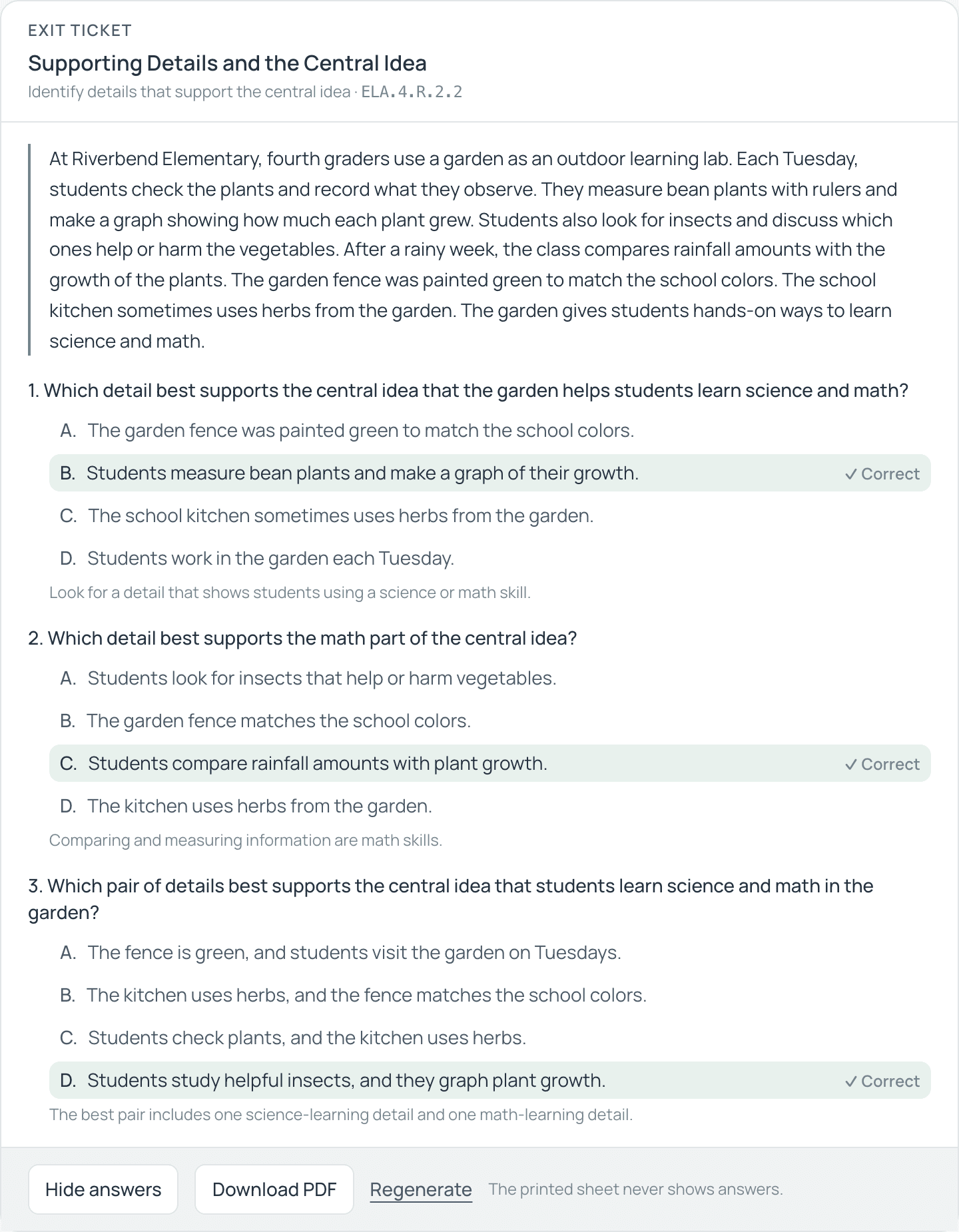 A generated Groupli exit ticket for a Grade 4 reading benchmark: a short passage and three multiple-choice questions, with the teacher's answer key revealed on screen and a note that the printed sheet never shows answers.