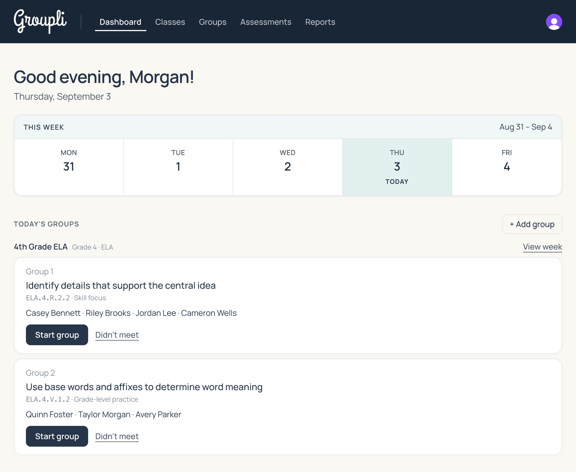 The Groupli dashboard on a Thursday morning, showing the week, today's two small groups, the benchmark and skill each is working on, who is in them, and a Start group button.